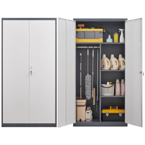 English Elm Black Steel Lockable Wardrobe with Hanging Rod Adjustable Shelves for Organized Storage Grey W1247P372609
