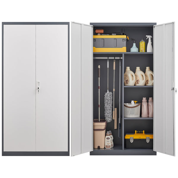English Elm Black Steel Lockable Wardrobe with Hanging Rod Adjustable Shelves for Organized Storage Grey W1247P372609