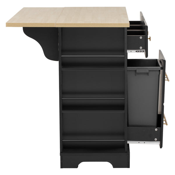 English Elm K&K Rustic Kitchen Island Cart with 6 Drawers, Pull-Out Trash Cabinet, Drop Leaf & Built-In Charging Station Black N707P307292B