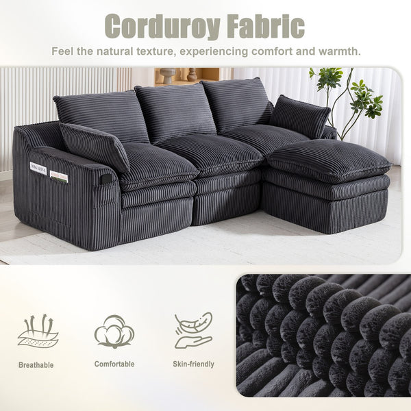 English Elm L Shaped Corduroy Modular Sectional with Cloud Cushions Footstool and Lumbar Pillows Gray W395S00140