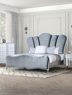 English Elm Glam Art Deco Queen Bed with Padded Scallop Channel Headboard, Light Gray Upholstery, Turned Wood Legs Silver 96 L x 53 W x 6 H B2741S00196