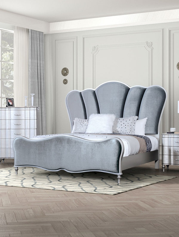 English Elm Lovely Art Deco 3pc Queen Bedroom Set with Light Gray Padded Channel Headboard and Oak Veneer Accents Silver 96 L x 53 W x 6 H B2741S00200