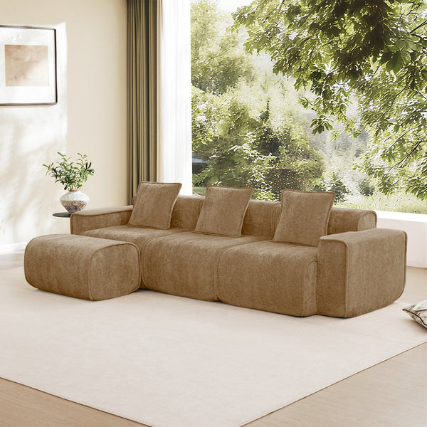 English Elm Streamlined Velvet L-shaped Sectional Sofa with Ottoman and Cloud Cushion Living Room Brown W3041S00373