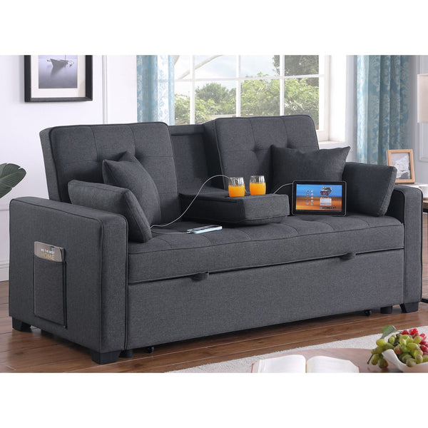 English Elm Linen Convertible Sleeper Loveseat with USB Ports, Cup Holders & Storage Pockets — Dark Gray Comfort B016S00047