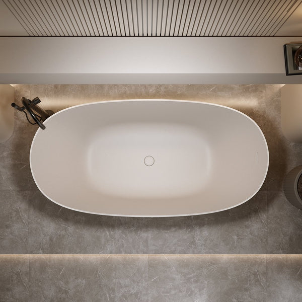 English Elm 65'' Resin Stone Freestanding Soaking Tub Ergonomic Matte White Spa Bath Beige W2753P340402