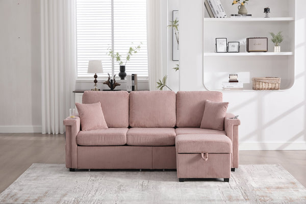 English Elm UNITED Corduroy L-Shaped Sectional Sofa with Storage Ottoman, USB Ports, Cup Holders & LED Lighting Pink W1568P332401