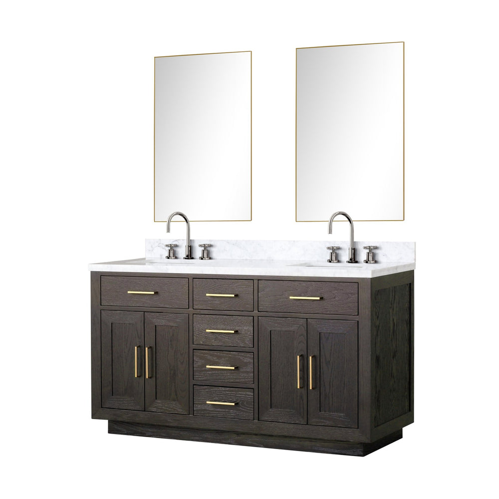 English Elm Brown Oak Double Bath Vanity With Carrara Marble Top & Chrome Faucets - Elegant Storage Solution B2731S01793
