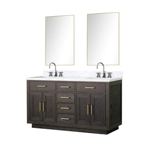 English Elm Brown Oak Double Bath Vanity With Carrara Marble Top & Chrome Faucets - Elegant Storage Solution B2731S01793