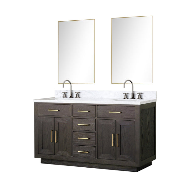 English Elm Brown Oak Double Bath Vanity With Carrara Marble Top & Chrome Faucets - Elegant Storage Solution B2731S01793