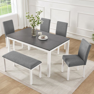 English Elm 6 Piece Rubberwood Dining Set with Bench and Linen Chairs for Transitional Kitchen W1998S00098