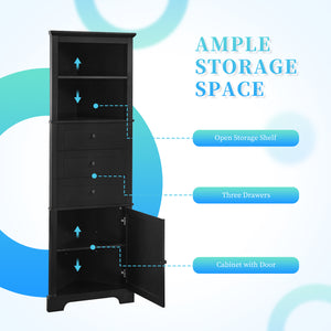 English Elm Black Triangle Tall Cabinet with 3 Drawers, Adjustable Shelf, Painted MDF, Anti-Tip, Stylish Storage N725P247409B