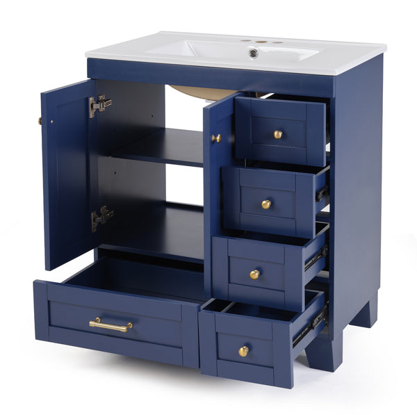 English Elm 30" Vanity with Ceramic Sink and Solid Wood Frame, Soft-Close Drawers, Compact Coastal Style, Durable Construction Blue W2896P344081
