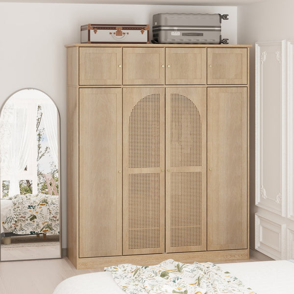 English Elm 70.87"tall Rattan Door Armoire Freestanding Wardrobe with Adjustable Shelves Hanging Rod Natural W757S00054