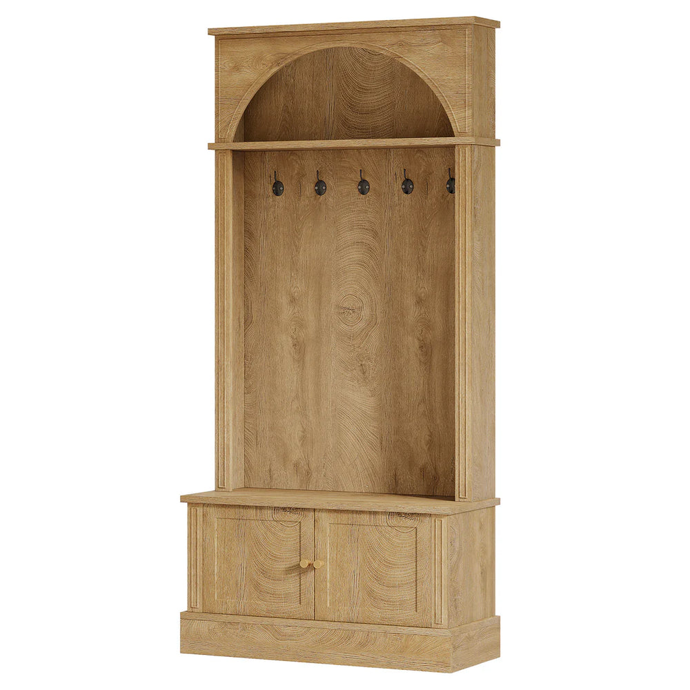 English Elm Practical Freestanding Hall Tree with Shoe Cabinet Bench Hooks and Arched Top Shelf T3971P464235