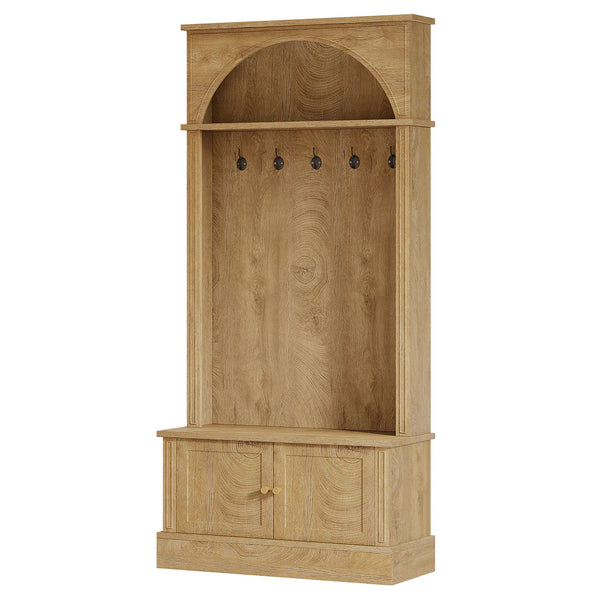 English Elm Practical Freestanding Hall Tree with Shoe Cabinet Bench Hooks and Arched Top Shelf T3971P464235
