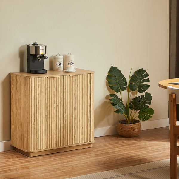English Elm 31.5'' Buffet Cabinet Sideboard with Curved Wave Front, Compact Storage Console for Entryway & Living Areas Oak W1820P352262