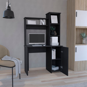 English Elm Carson Black Computer Desk with Hutch, 25.8"x17.7" Work Surface, Single Door Cabinet & Shelves B200P188877