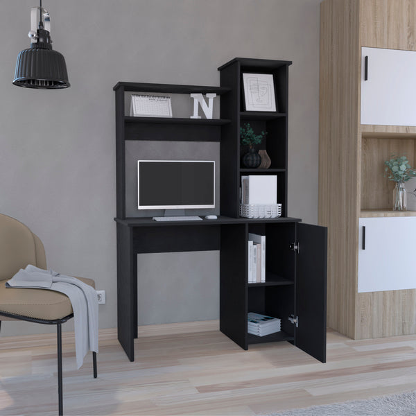 English Elm Carson Black Computer Desk with Hutch, 25.8"x17.7" Work Surface, Single Door Cabinet & Shelves B200P188877