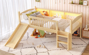 English Elm Twin Low Loft Bed Solid Pine Frame with Built-in Led Lighting and Storage Shelves Natural W1580P395930