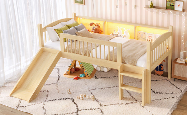 English Elm Twin Low Loft Bed Solid Pine Frame with Built-in Led Lighting and Storage Shelves Natural W1580P395930