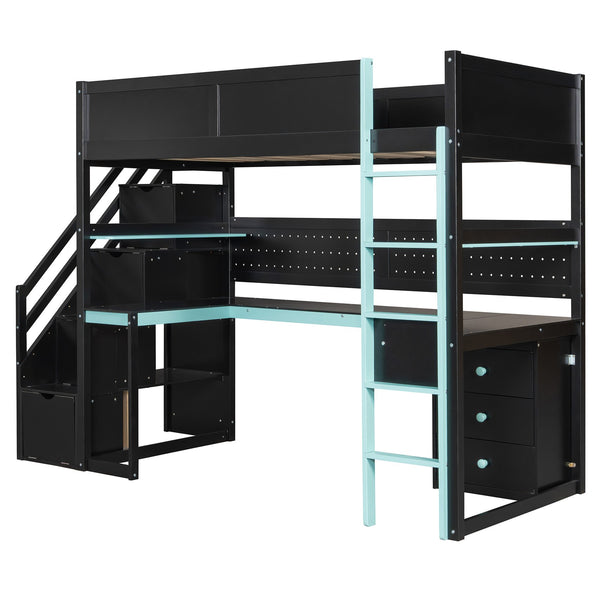 English Elm Full Size Gaming Loft Bed with Led Lighting Desk Shelves and Usb Charging Ports N820S00070C