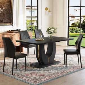English Elm One 5 Piece Dining Set 63 Inch Table Dark Wood Grain Top with Brown Fabric Chairs Black W1151S04433