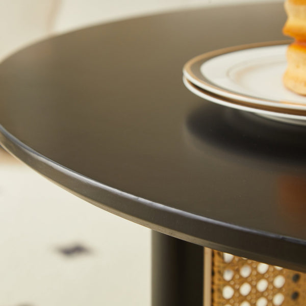 English Elm Mid-century round solid wood coffee table with PE rattan stand, 31.5" Boho black centerpiece, durable style W2720P237624