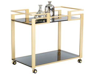 Sunpan Avondale Glamorous Bar Cart with Matte Gold Steel Frame & Black Glass Shelves for Stylish Serving