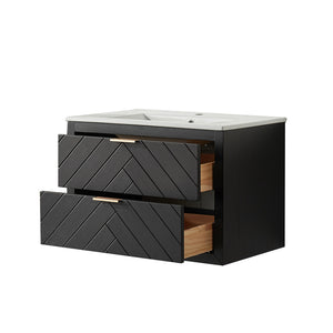 English Elm 30" Tiered Black Wall-Mounted Floating Vanity with Ceramic Sink, Center Storage Nook for Towels & Toiletries W1826P343434
