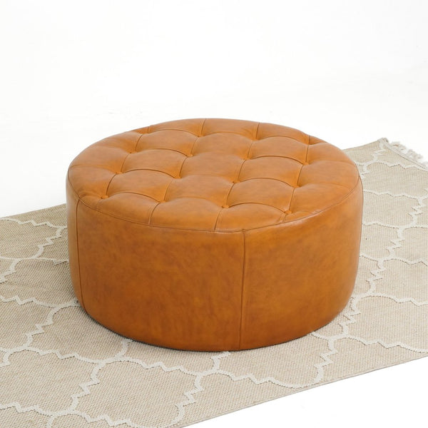 English Elm Seletar Round Genuine Leather Tufted Ottoman Glam Living Room Footrest Seating B183P231929