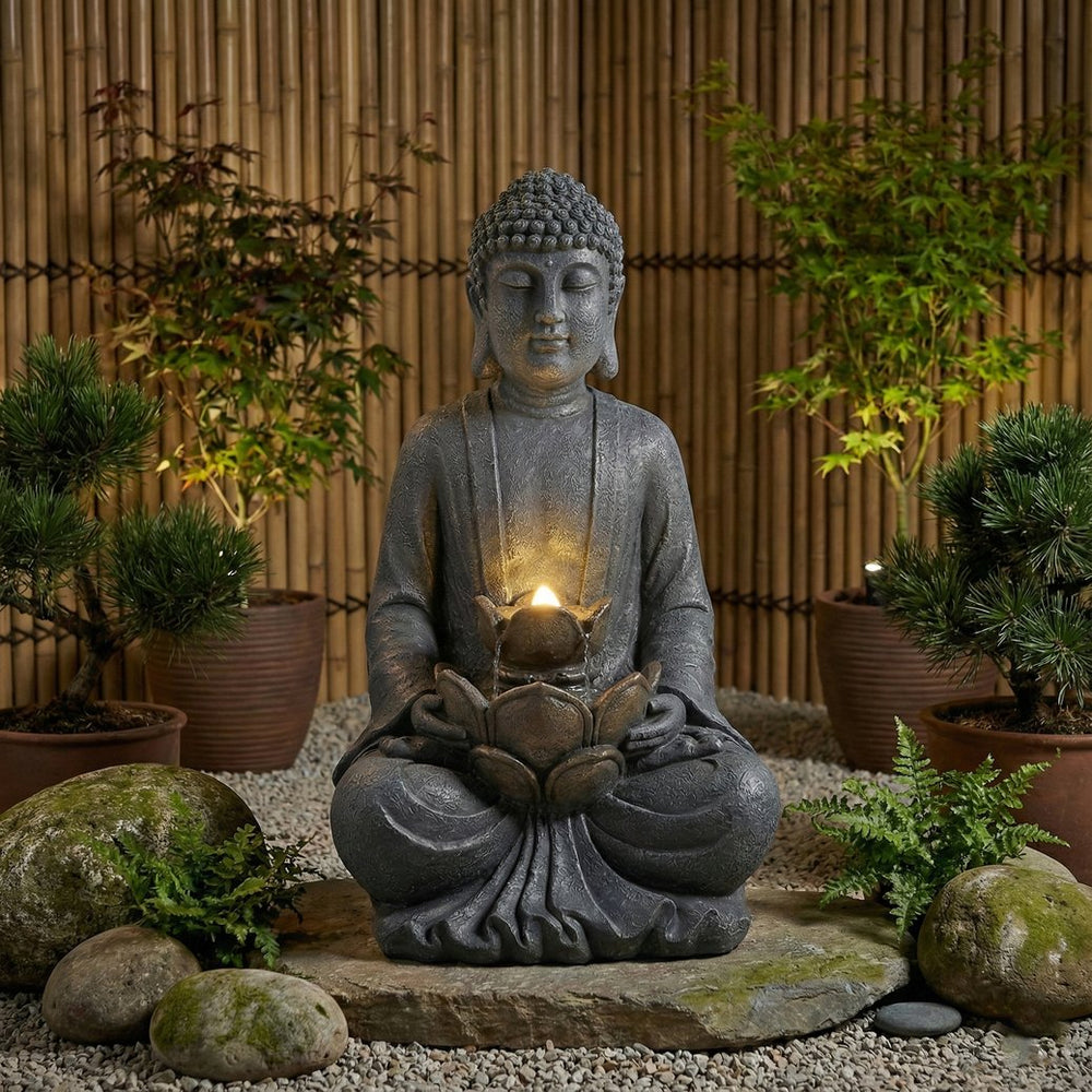 English Elm Zen-style Buddha Fountain Two Tier Lotus Polyresin Led Garden Patio Decor W853P412663