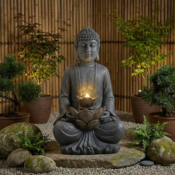 English Elm Zen-style Buddha Fountain Two Tier Lotus Polyresin Led Garden Patio Decor W853P412663