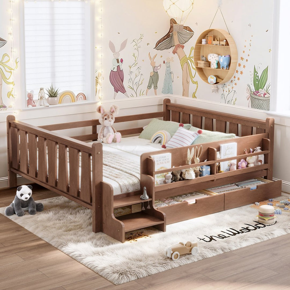 English Elm Queen Bunk Bed with Trundle Solid Pine Kids Car Themed Frame Built-in Bookshelf Natural W1580S00543
