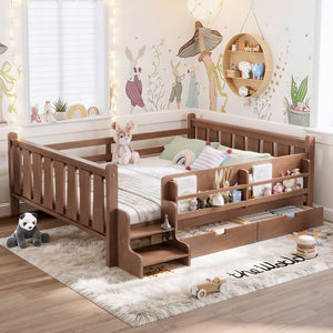 English Elm Queen Bunk Bed with Trundle Solid Pine Kids Car Themed Frame Built-in Bookshelf Natural W1580S00543