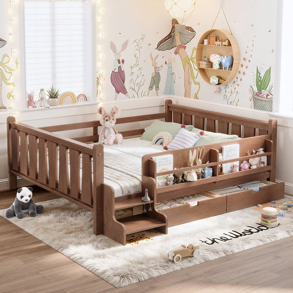 English Elm Queen Bunk Bed with Trundle Solid Pine Kids Car Themed Frame Built-in Bookshelf Natural W1580S00543