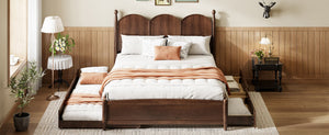 English Elm Queen Size Platform Bed With Twin Xl Trundle & 2 Spacious Drawers - Elegant Walnut Design Upgrade N820S00025D-GIGA