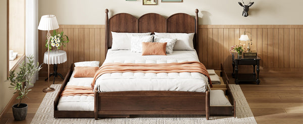 English Elm Queen Size Platform Bed With Twin Xl Trundle & 2 Spacious Drawers - Elegant Walnut Design Upgrade N820S00025D-GIGA
