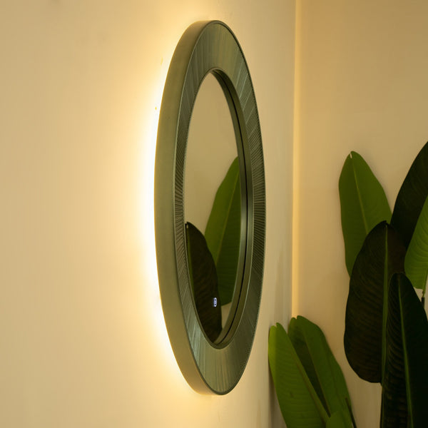 English Elm 31'' Cyclis Mirror with Thick PU Frame, Backlit LED Strip, Touch Dimmer, Three Color Temps, Luxurious Wall Accent Green,Silver W2615P346495