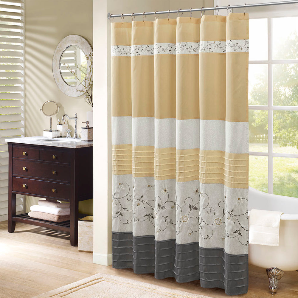 JLA Home Madison Park - Faux silk embroidered floral shower curtain in soft yellow — 72x72, luxe sheen, machine washable, durable elegance MP70-4863