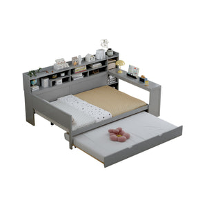 English Elm Wooden Full Size Daybed with Trundle and Built-In Desk, Side Storage Shelves for Space-Saving Rooms Gray 70 L x 18.6 W x 5.5 H N733S242277E