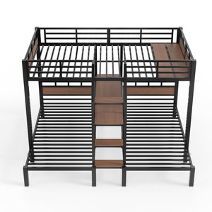 English Elm Full Xl Over Twin Triple Metal Bunk Bed with Storage Stairs and Shelves Black W1580S00546