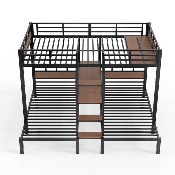English Elm Full Xl Over Twin Triple Metal Bunk Bed with Storage Stairs and Shelves Black W1580S00546