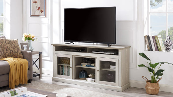 English Elm Contemporary Stone Gray TV Stand 60" Modern Entertainment Console for TVs up to 65" with Glass Cabinets and Adjustable Shelves W2275P389702