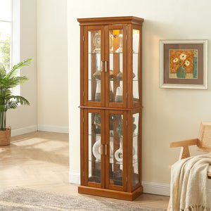 English Elm Curio Display Cabinet with Internal Lighting, Mirrored Back, 6 Adjustable Shelves, Glass Doors Oak W1693P154580