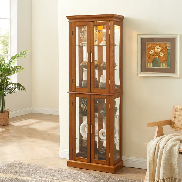 English Elm Curio Display Cabinet with Internal Lighting, Mirrored Back, 6 Adjustable Shelves, Glass Doors Oak W1693P154580