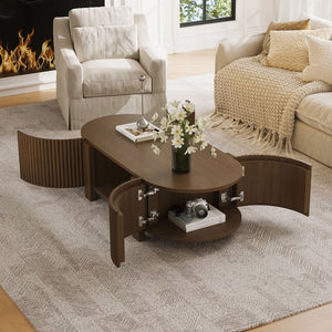 English Elm Oval Fluted Rubberwood Coffee Table with Open Storage Shelf for Living Room Walnut N735P369880D