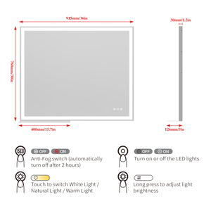 English Elm 30x36 LED Bathroom Mirror Silver Frame, Touch Dimmer, Anti-Fog, IP44 Waterproof, Tray Shelf, Smart Memory Lights W708P176757