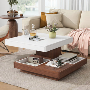 English Elm Modern Square 360°Rotating Coffee Table With Three Detachable Tray, 2-Tier Farmhouse Wood Center Table With Storage For Living Room, White, 27.5*27.5In