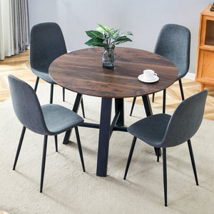 English Elm Table Set - 42" Modern Round Dining Table With 4 Dark Gray Linen Chairs & Sturdy Black Metal Legs W1151S03753-GIGA