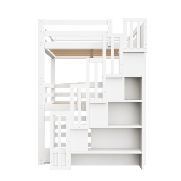 English Elm Full Size Triple Bunk Bed Solid Pine Frame with Storage Staircase Separate Convertible Design White N7090000477K